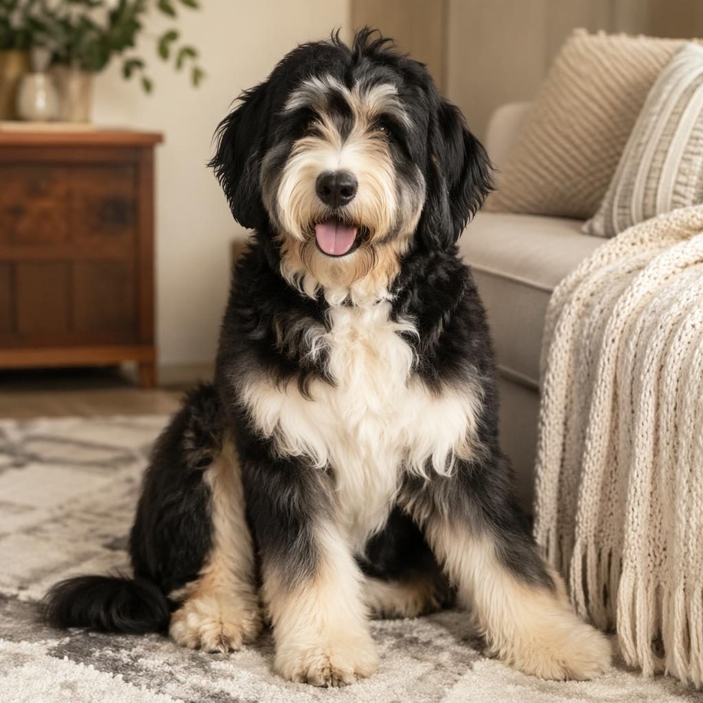 Photo-real portrait of a single young adult Newfoundland Husky mix dog in a cosy living room, relaxed and well-groomed.