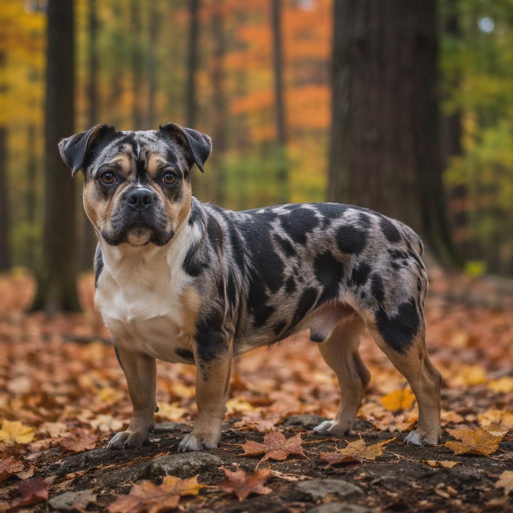 Photo-real pug French bulldog mix standing in an autumn forest, fawn coat, compact body, relaxed friendly face