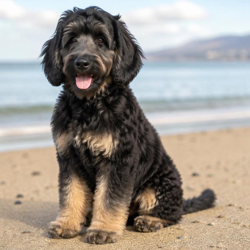 Studio-style beach portrait of a German Shepherd Poodle mix puppy with soft natural light and realistic fur detail