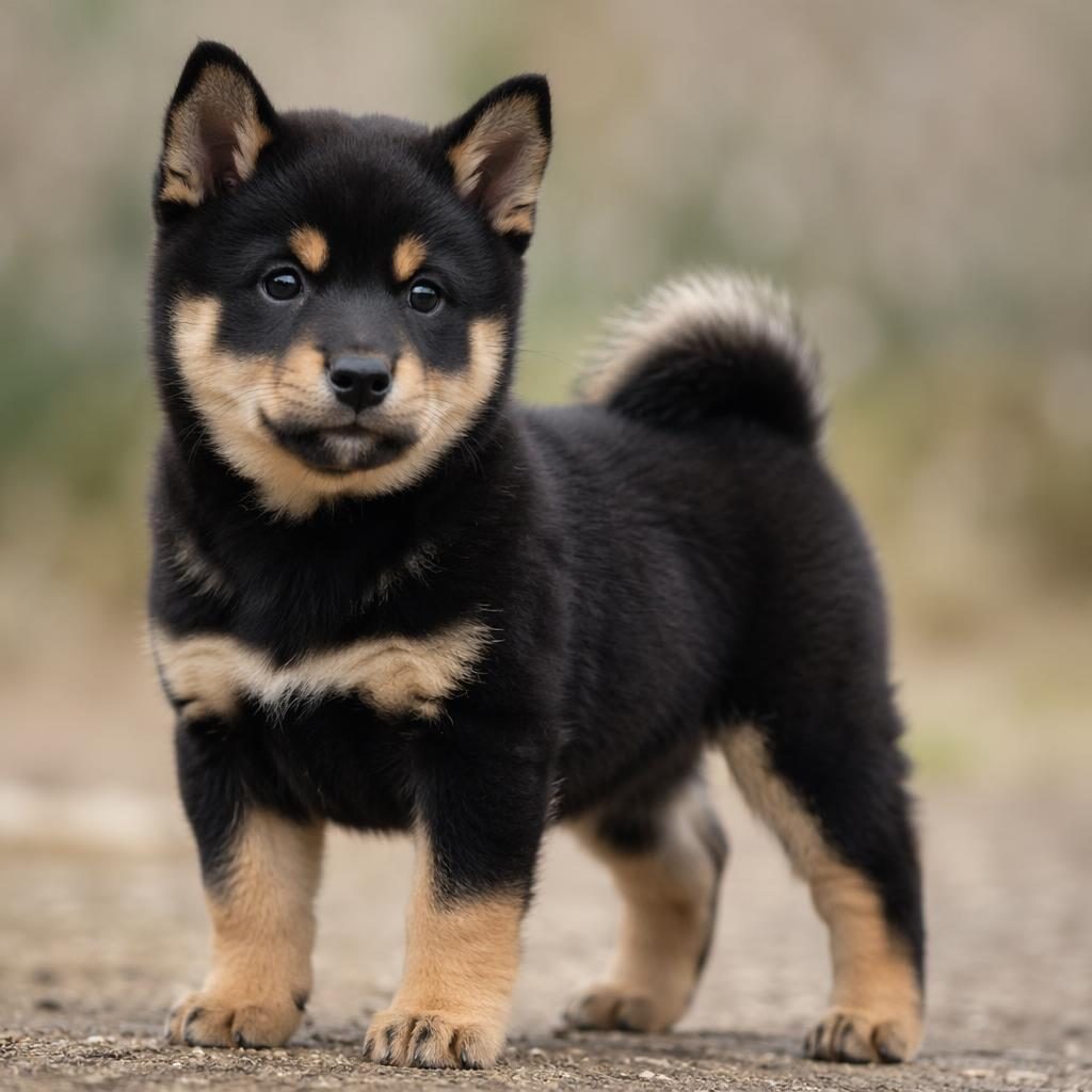Ein einzelner Rottweiler-Shiba-Inu-Welpe mit gepflegtem Fell, entspanntem Blick und neutralem Outdoor-Hintergrund.