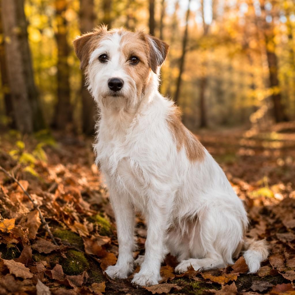Ein einzelner junger Hund als Jack Russell Pudel Mix, freundlich, gepflegt, im herbstlichen Wald bei weichem Licht.