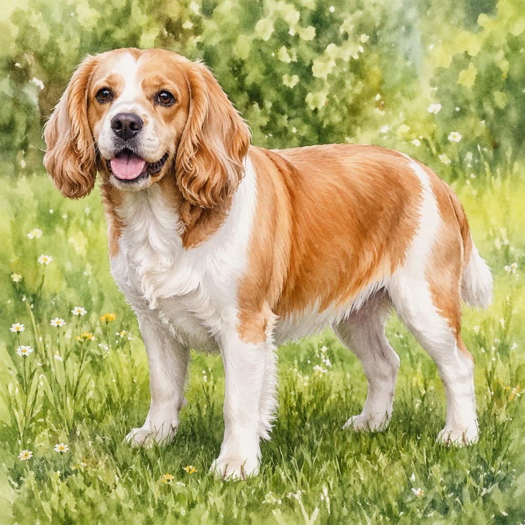 Watercolor-style senior bullador dog standing in a grass meadow with a relaxed expression and soft natural light.