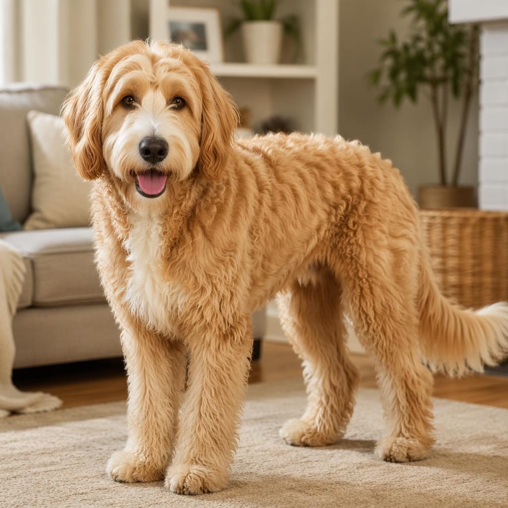 Illustrated young adult schnoodle-like dog with curly coat relaxing in a cosy living room, soft natural light