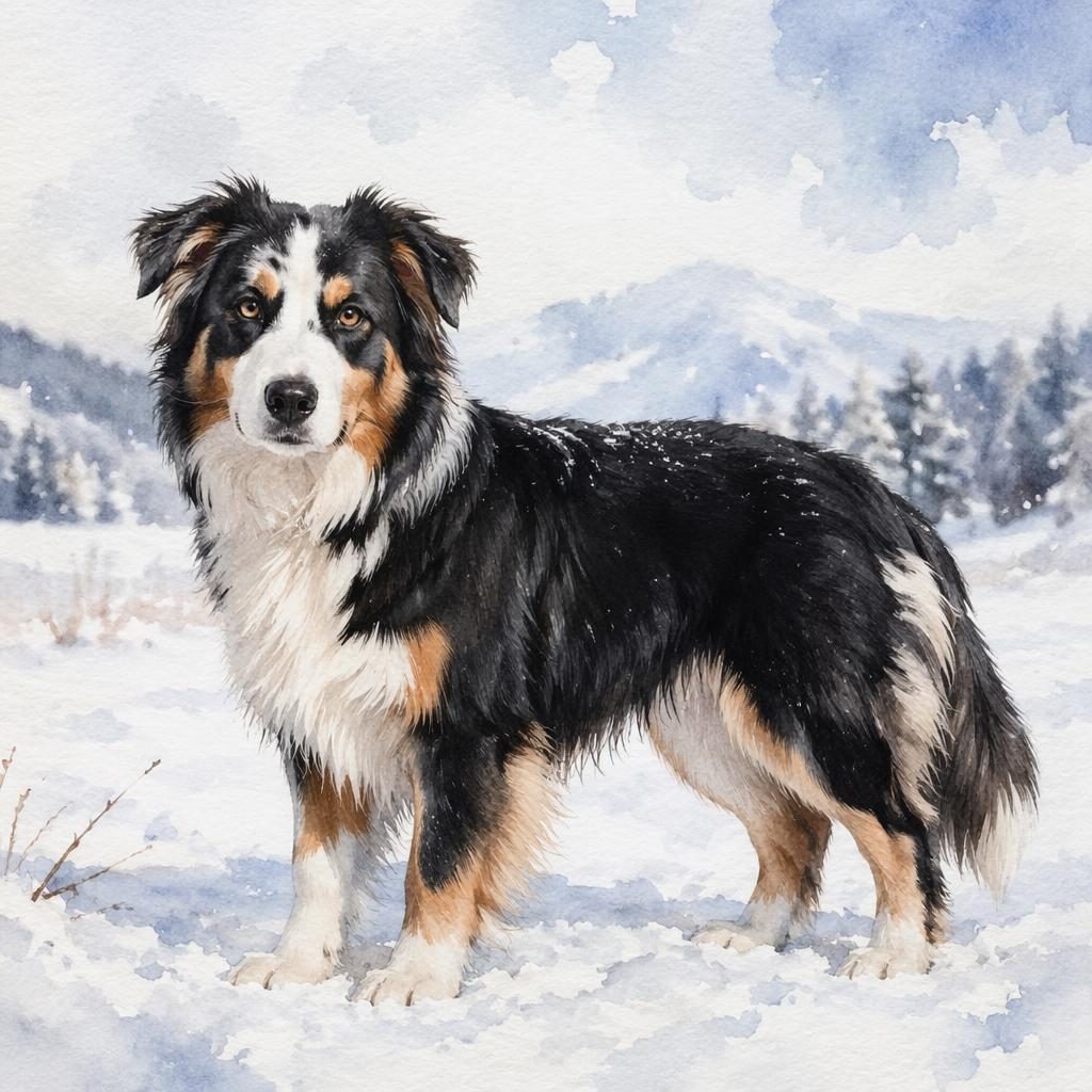 Ein einzelner freundlicher Corgi-Husky-Hundemix als Aquarell in verschneiter Landschaft, mit seltenem Fell und realistischer Anatomie.