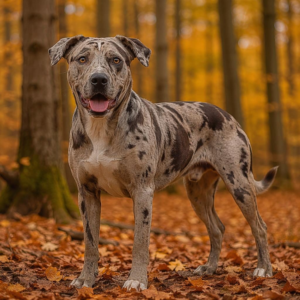 Illustration of a senior catahoula pitbull mix dog standing alone in an autumn forest, relaxed and well groomed.