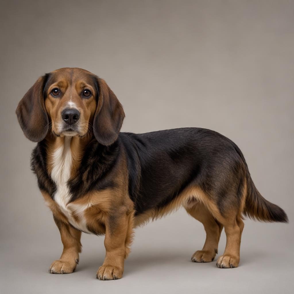 Fotorealistische Illustration eines einzelnen Beagle-Dackel-Mix mit seltenem Fell auf neutralem Hintergrund