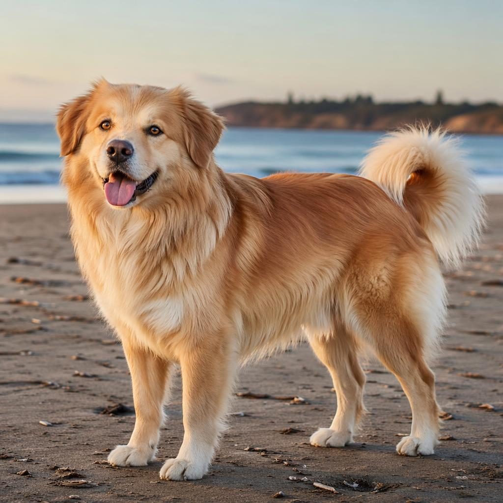 Photo-real beach illustration of a relaxed adult Golden Retriever and Pomeranian mix with unusual coat and soft light