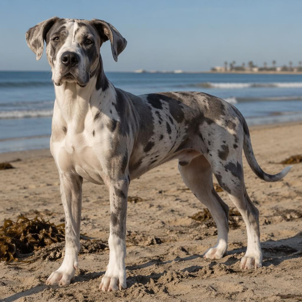 Photo-real puppy resembling a great dane and pitbull mix standing on a beach in soft natural light