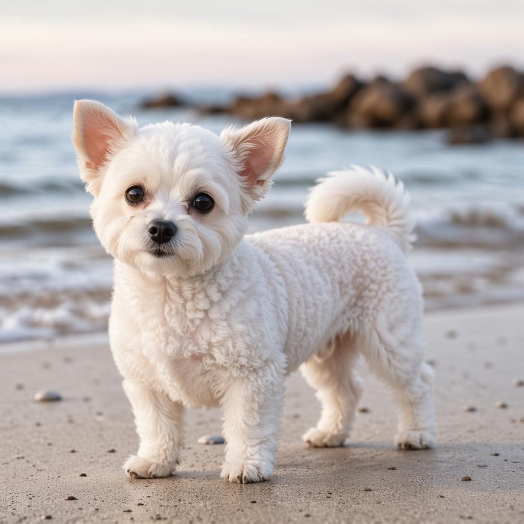 Chien seul type bichon croisé chihuahua adulte, pelage soigné, expression détendue, lumière douce sur plage studio