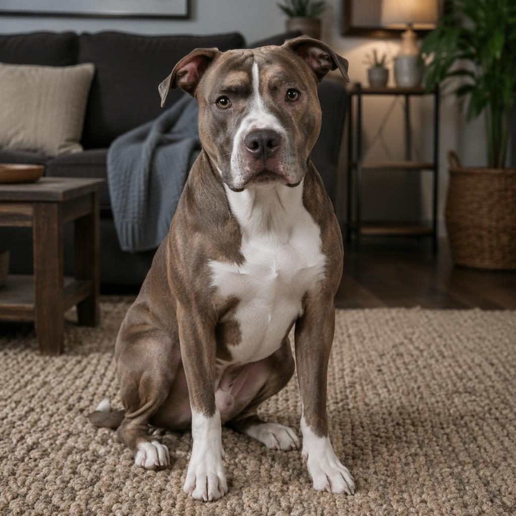 Perro pitbull hibrido joven, solo, relajado, en salón acogedor con luz natural suave e ilustración fotorrealista