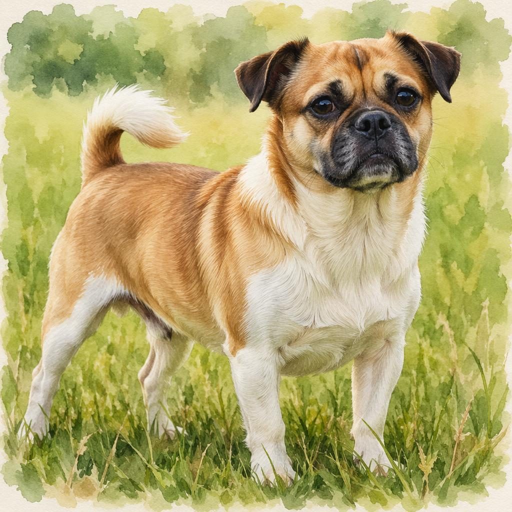 Senior Jack Russell Terrier and Shiba Inu mix dog in a grass meadow, watercolor style, relaxed and well-groomed