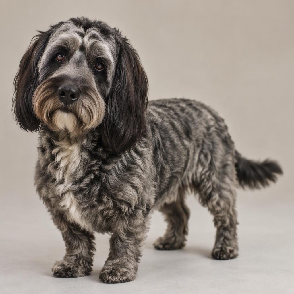 Studio portrait of a single bassetoodle dog with realistic fur, relaxed expression, and soft neutral background.