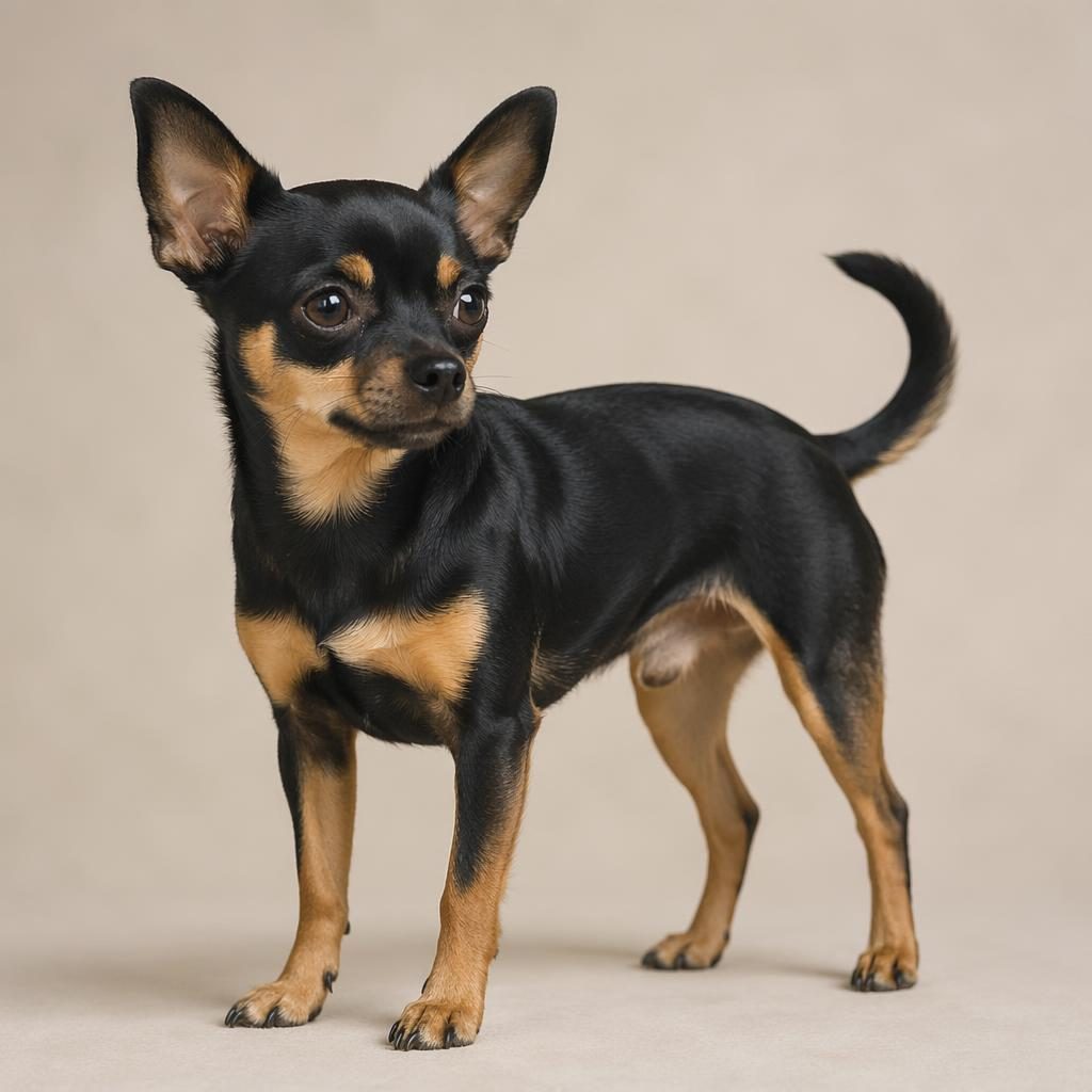 Illustration réaliste d’un chien seul, type ratier de prague croisé chihuahua, posé sur fond neutre doux.