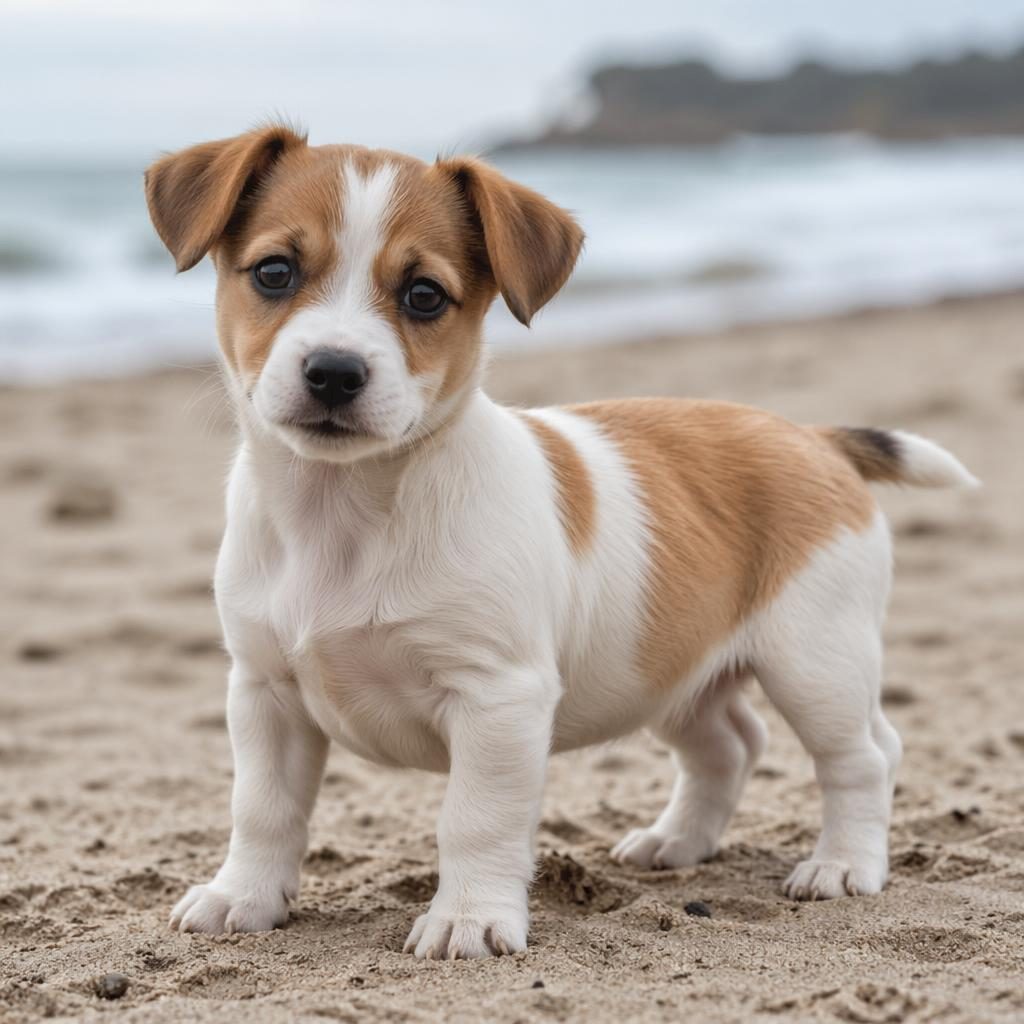 Photoreal puppy on a beach with fluffy coat, relaxed face, soft light, sharp fur detail, single dog outdoors