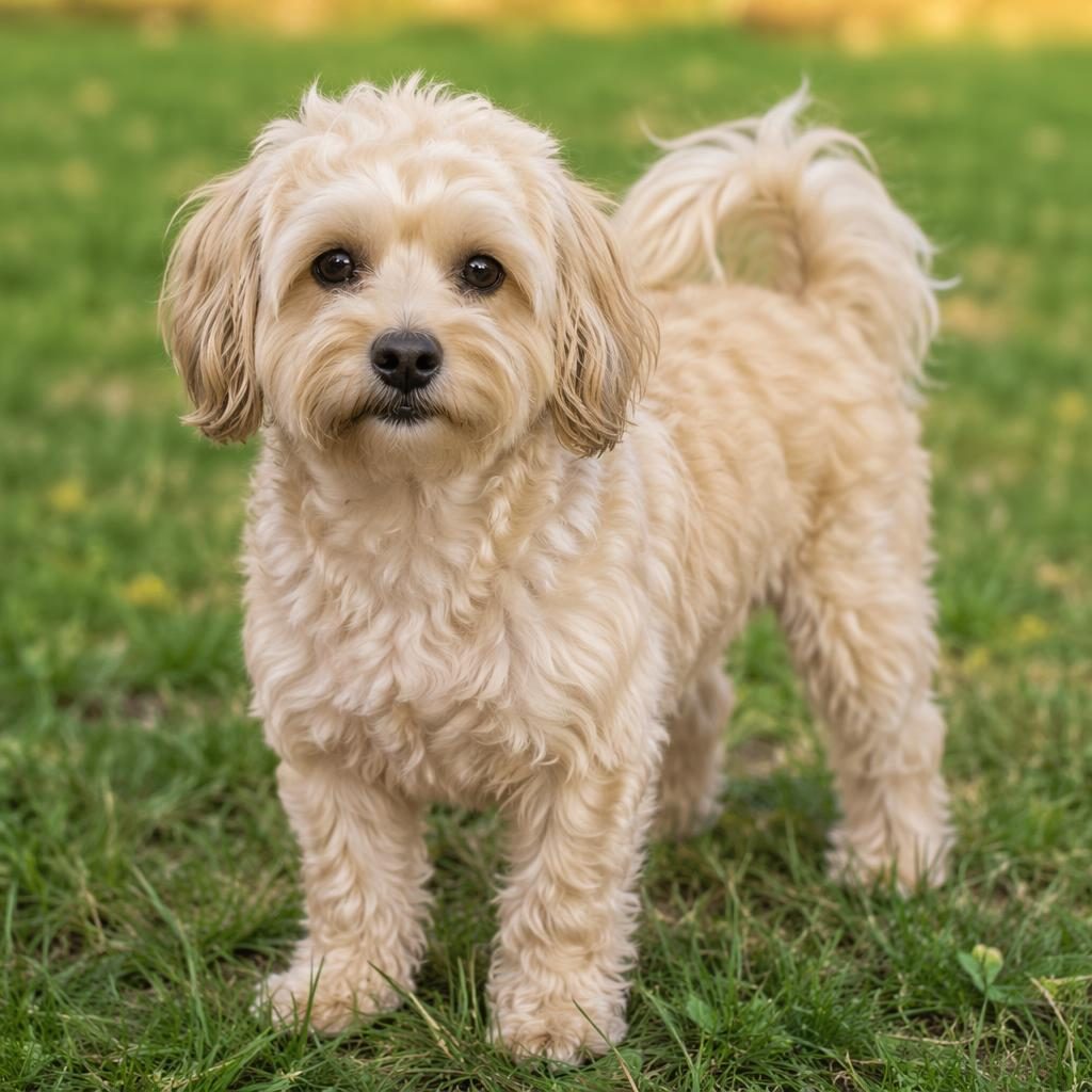 Senior hybrid dog standing in a grass meadow, relaxed and friendly, with realistic fur and soft natural outdoor light.