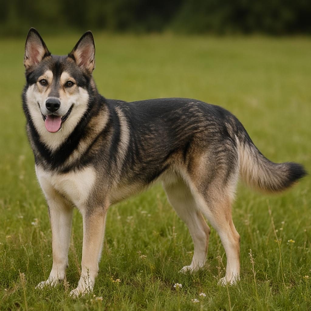 Photo-real illustration of a single young adult gerberian shepsky standing in a grass meadow with soft light