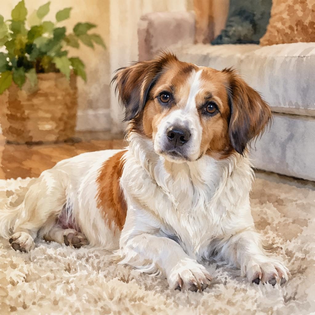 Senior Hunde-Mix im Aquarellstil, freundlich und entspannt, in einem gemütlichen Wohnzimmer bei weichem Licht