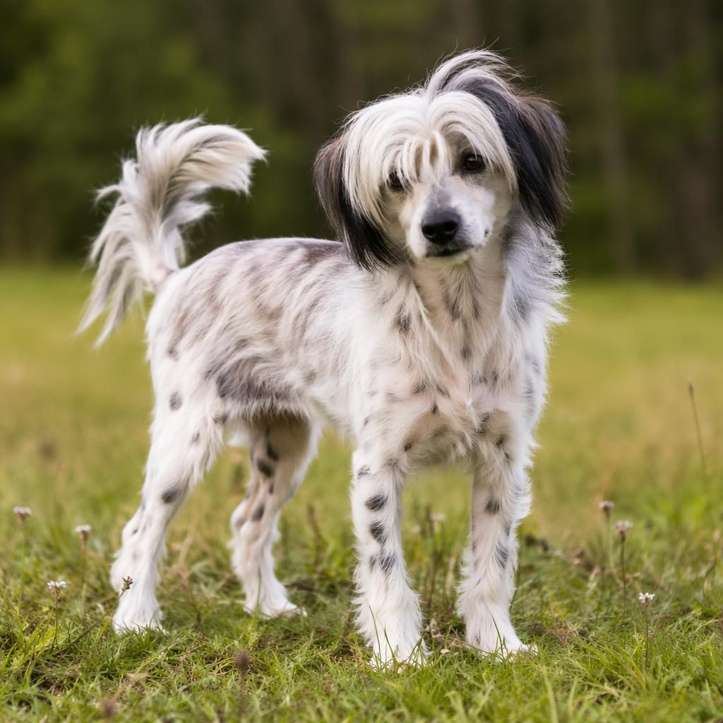 Ein einzelner junger Hund im Stil eines chinesischer schopfhund mix steht entspannt auf einer grünen Wiese im weichen Licht.