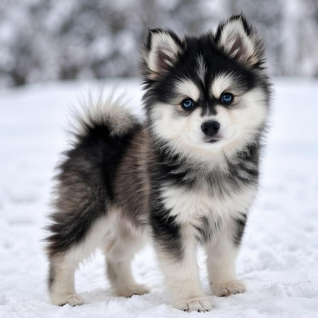 Cachorro mestizo tipo cruce husky y pomerania en estudio con paisaje nevado, pelaje realista y expresión amigable