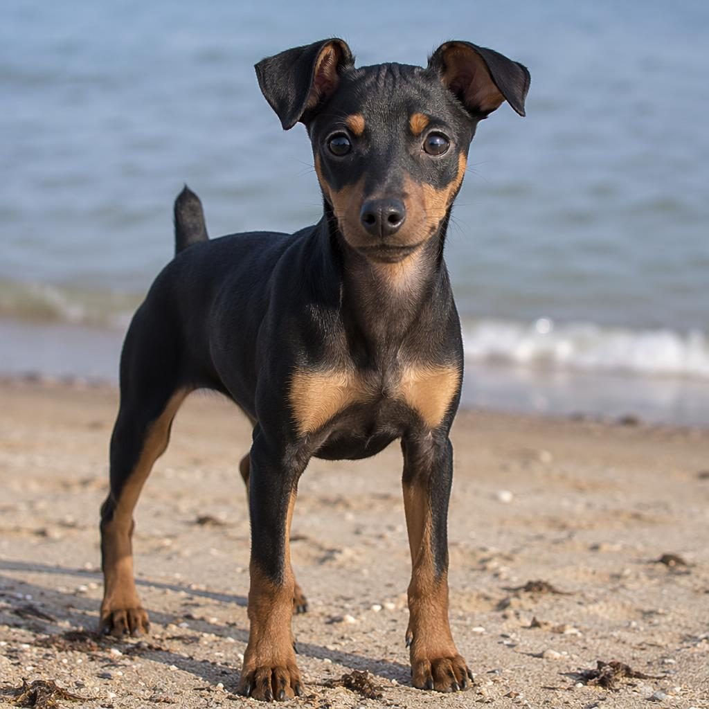 Studiofoto eines einzelnen Dobermann-Whippet-Welpen am Strand, freundlich, gepflegt, mit weichem Licht und scharfem Fell