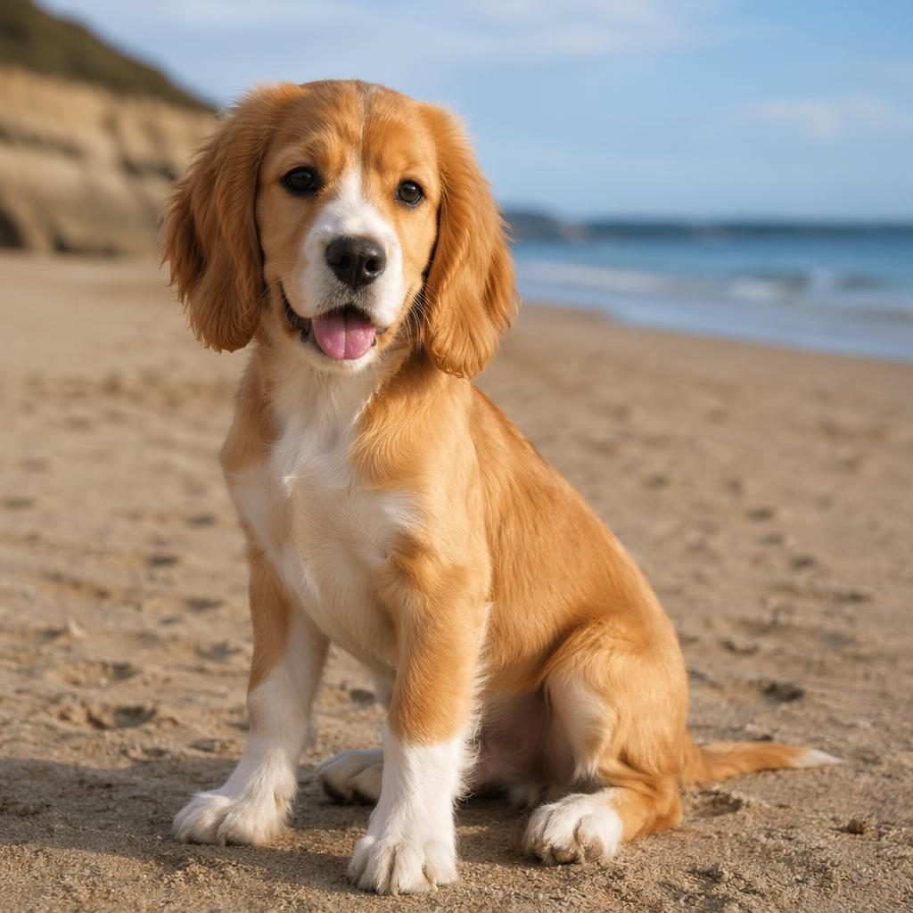 Photoreal cocker beagle puppy on a beach with tan coat, floppy ears, curled tail, and relaxed friendly expression.