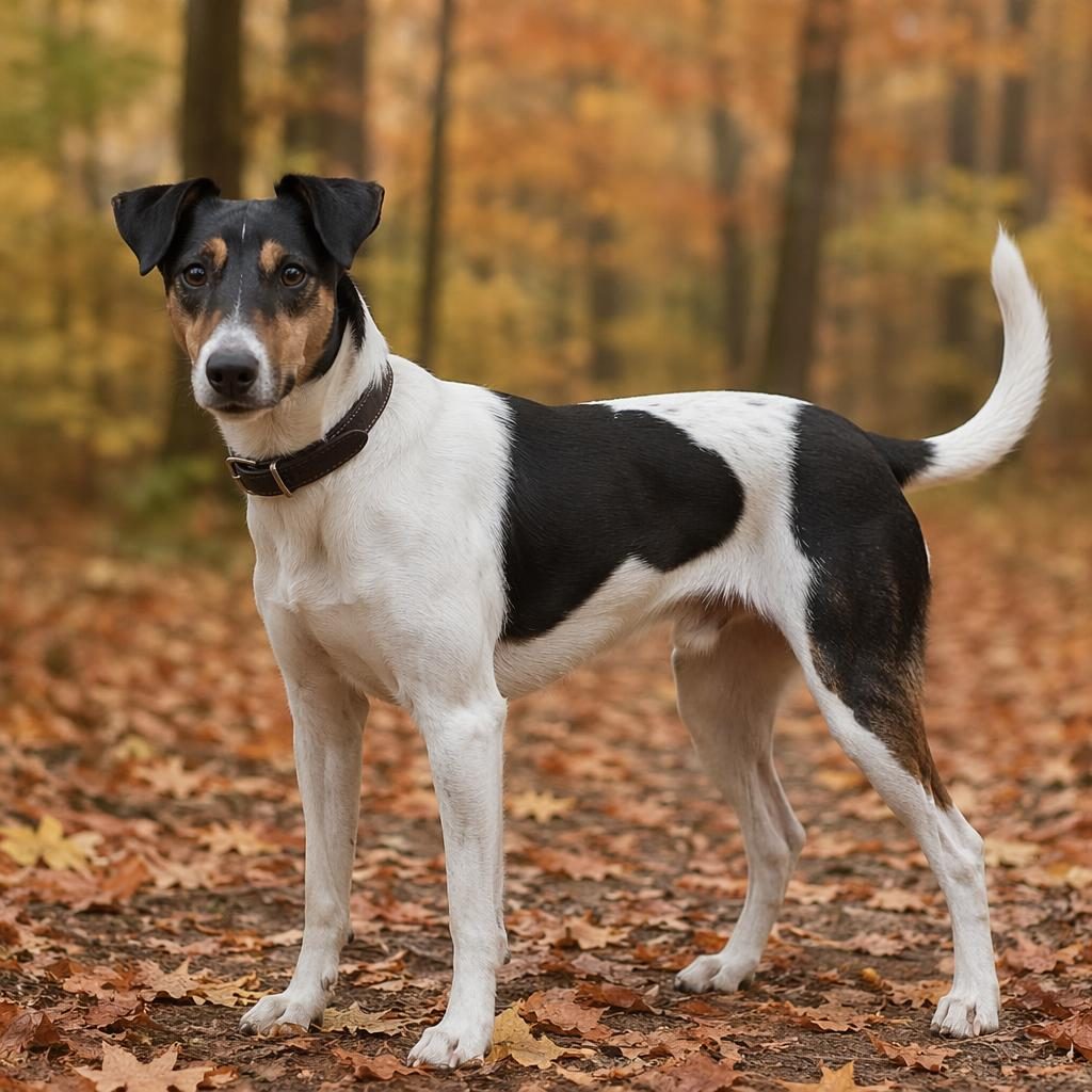 Ein freundlicher senior Hund als glatthaar foxterrier mischling steht entspannt im Herbstwald bei weichem Naturlicht.