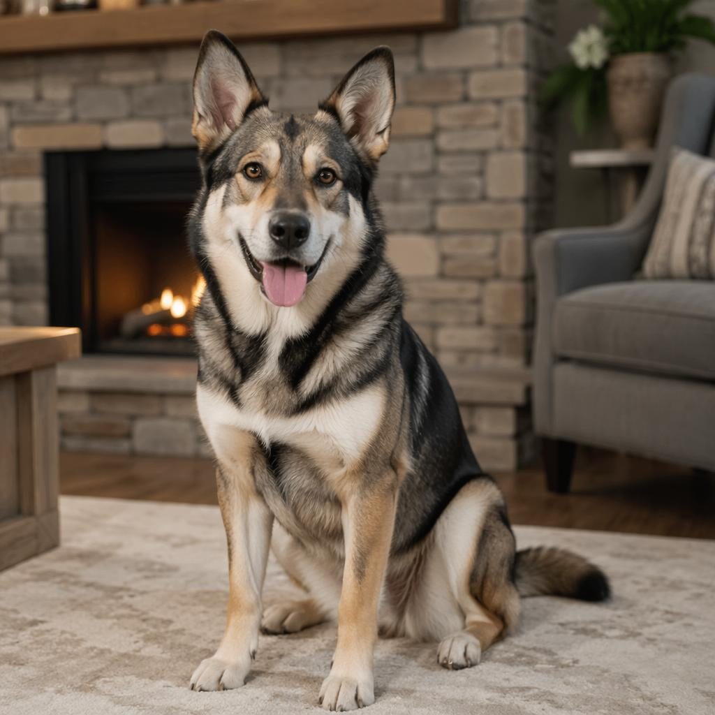 Editorial portrait of a relaxed young adult hybrid dog in a cosy living room with soft natural light and sharp fur detail.