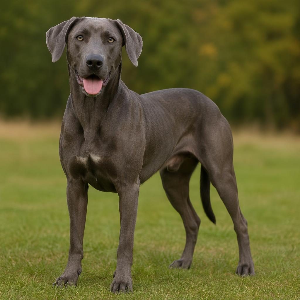 Ein einzelner senior Dobermann Weimaraner Mischling steht entspannt auf einer grünen Wiese im Studio-Look.