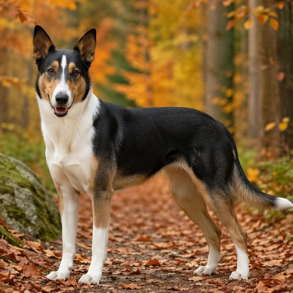 Ein einzelner, entspannter Hunde-Mix mit kurzhaariger Felloptik steht in einem herbstlichen Wald bei weichem Licht.