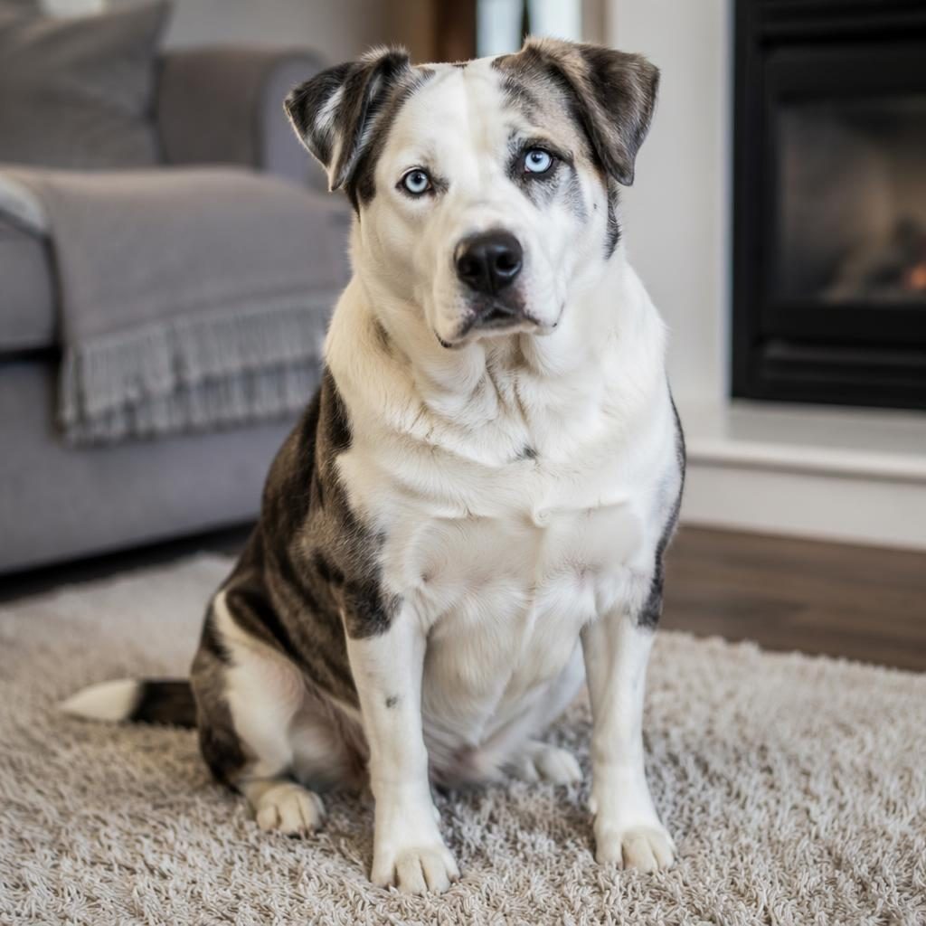 Senior mixed-breed dog with dachshund and golden retriever traits, relaxed in a cozy living room, soft natural light.
