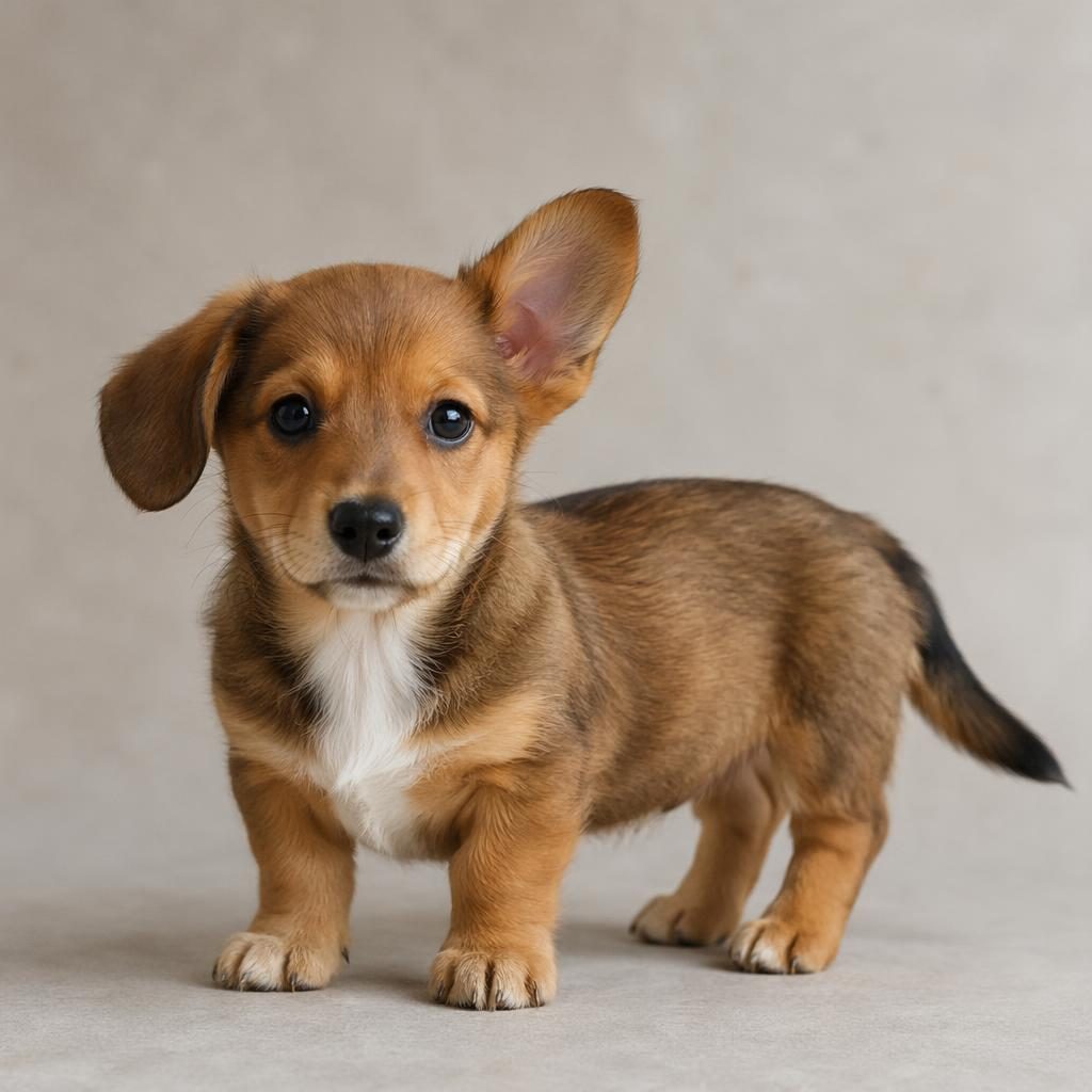 Photo-real corgi x dachshund puppy with a long body, short legs, soft coat, and relaxed expression on a neutral background.