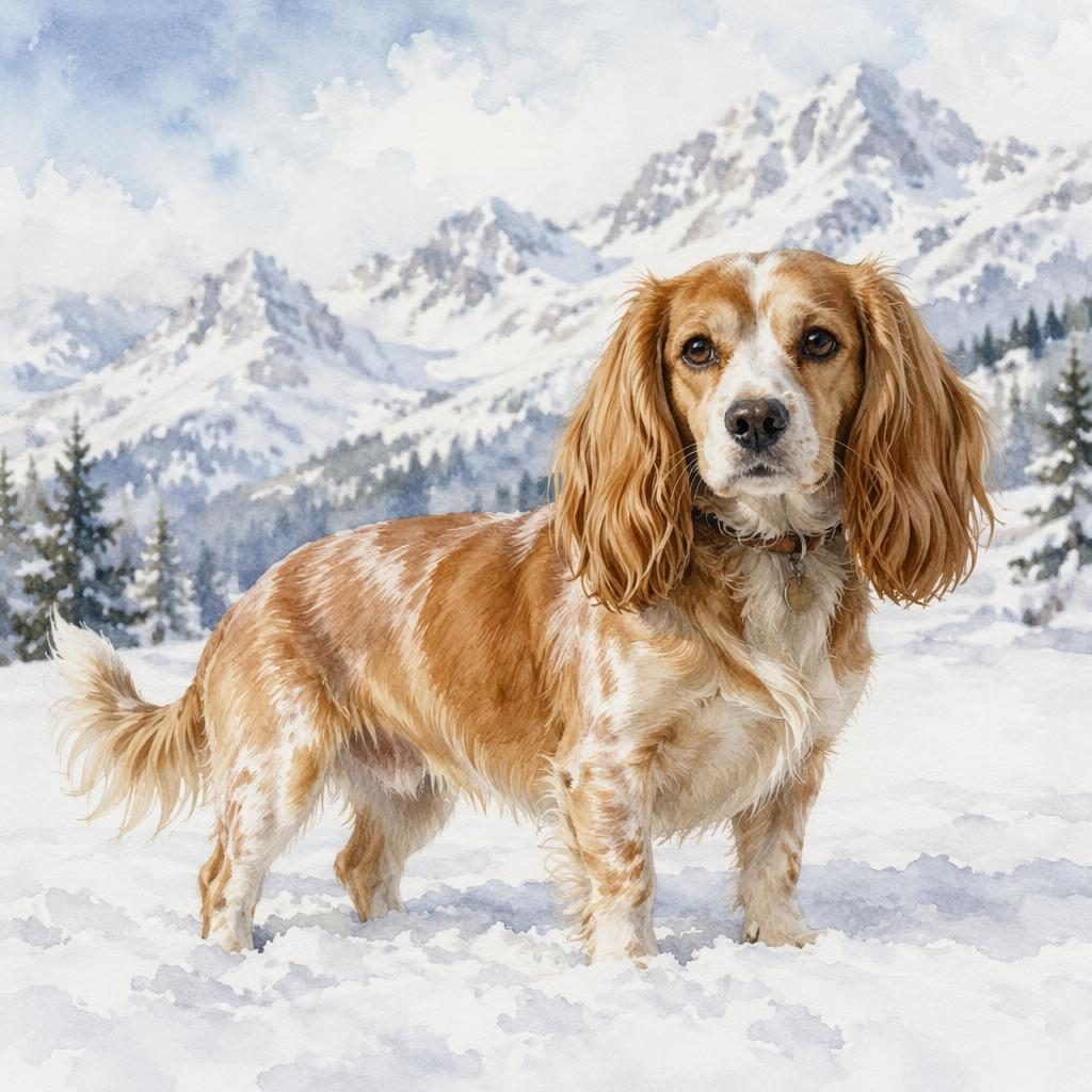 Aquarell eines einzelnen Cocker-Beagle-Mischlings mit langem Fell, Schlappohren und freundlichem Blick in Schneelandschaft