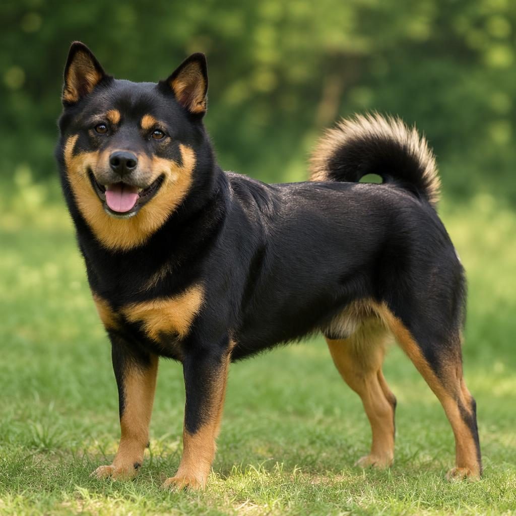 Perro mestizo senior tipo cruce cavalier, solo en pradera con expresión tranquila, pelaje realista y luz natural suave.
