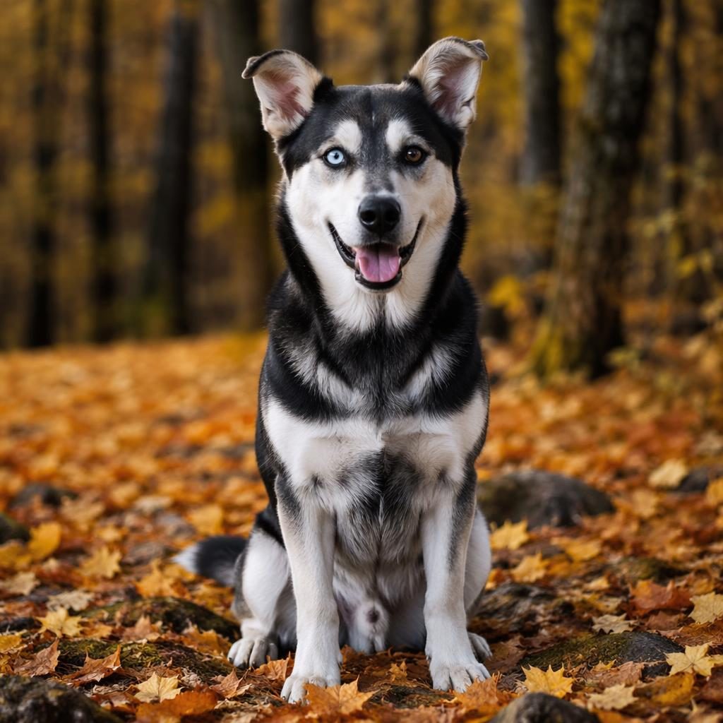 Editorial portrait of a Chihuahua Labrador mix dog in an autumn forest, relaxed, well-groomed, with soft natural light