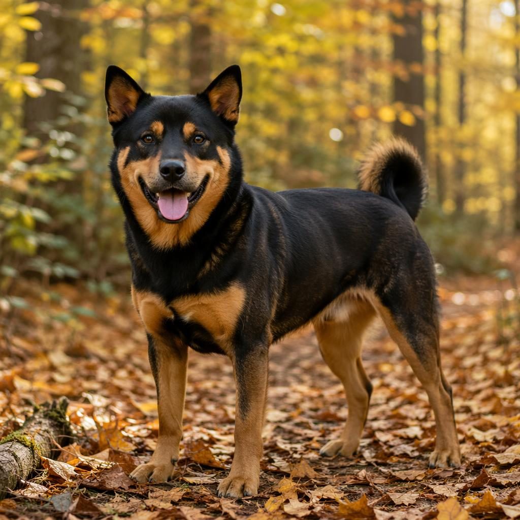 Photo-real illustration of a young adult Rottweiler Shiba Inu mix dog standing in an autumn forest, relaxed and healthy