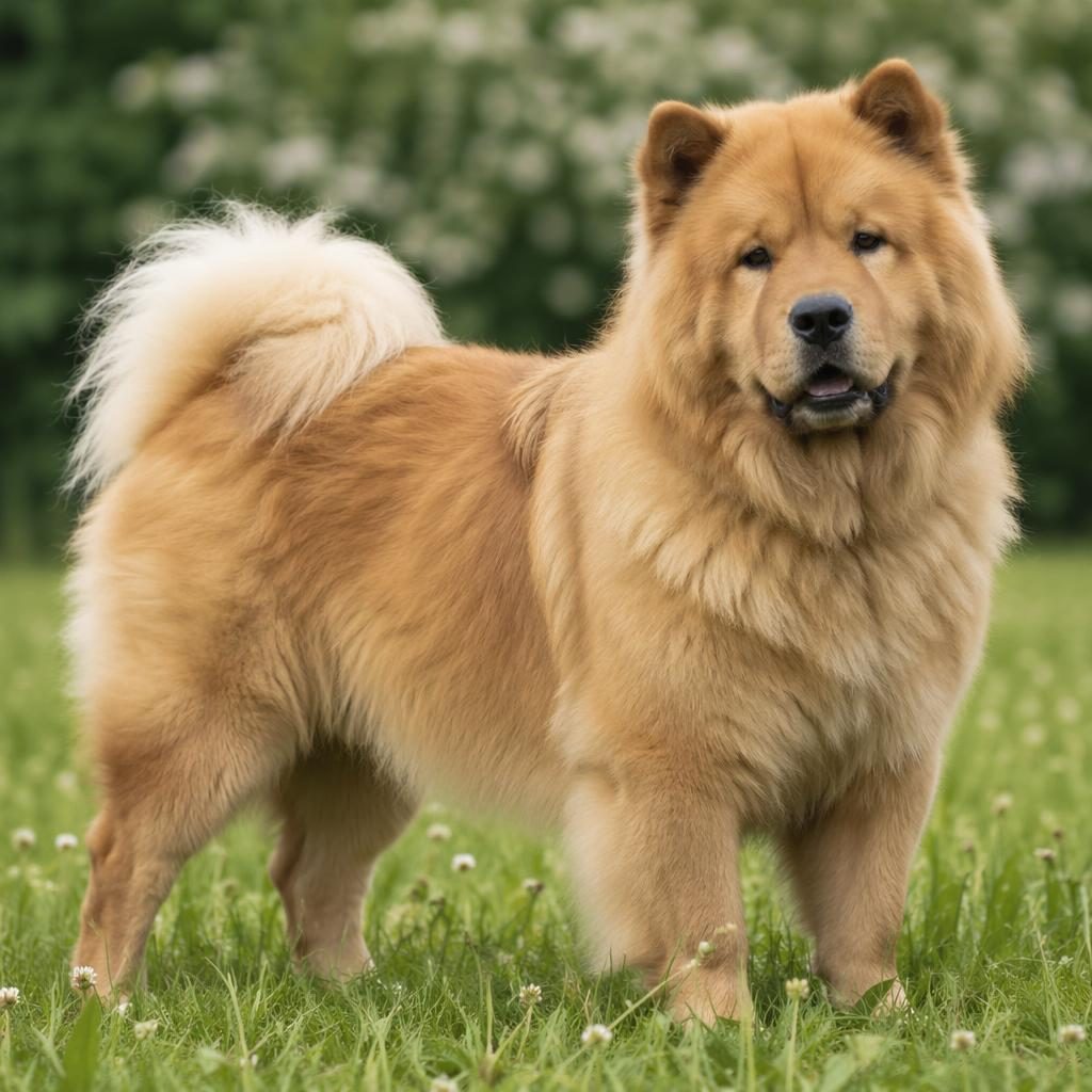 Ein einzelner senior Hund als Chow Chow Spitz Mischling in Studiooptik auf einer Graswiese, entspannt und gepflegt.