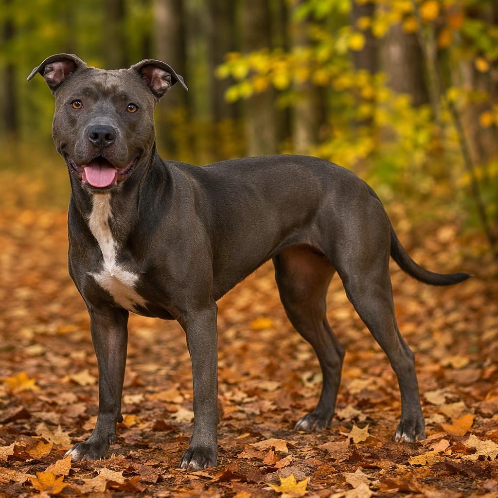 Senior mixed-breed dog with Doberman and Rottweiler traits standing in an autumn forest, relaxed and well-groomed.