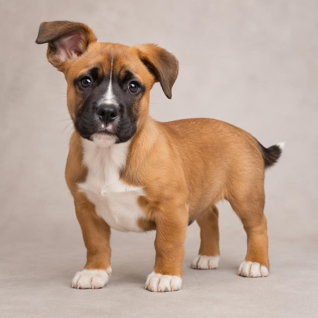 Studio portrait of a realistic boxer-border collie mix puppy on a soft neutral background, relaxed and well groomed