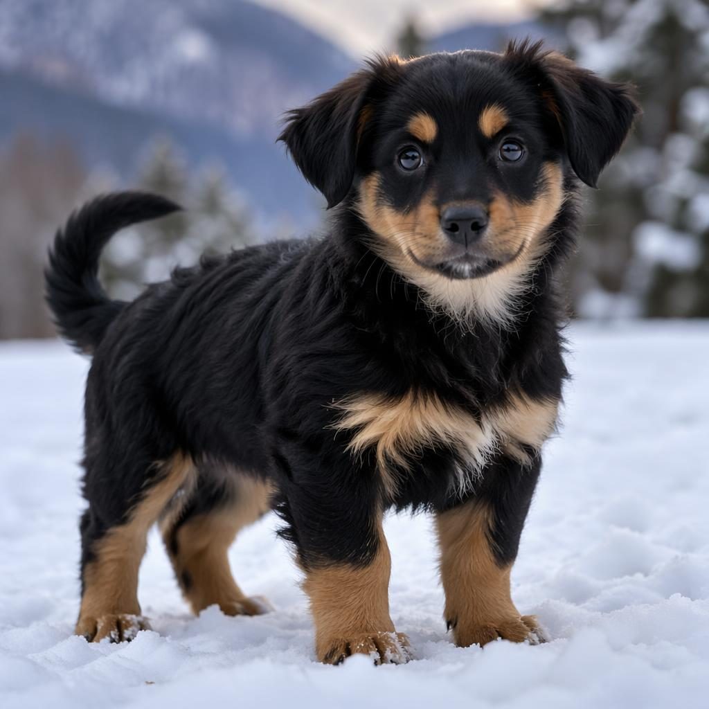 Editorial portrait of a mixed-breed puppy in snow with a fluffy coat, relaxed expression, and soft natural light.