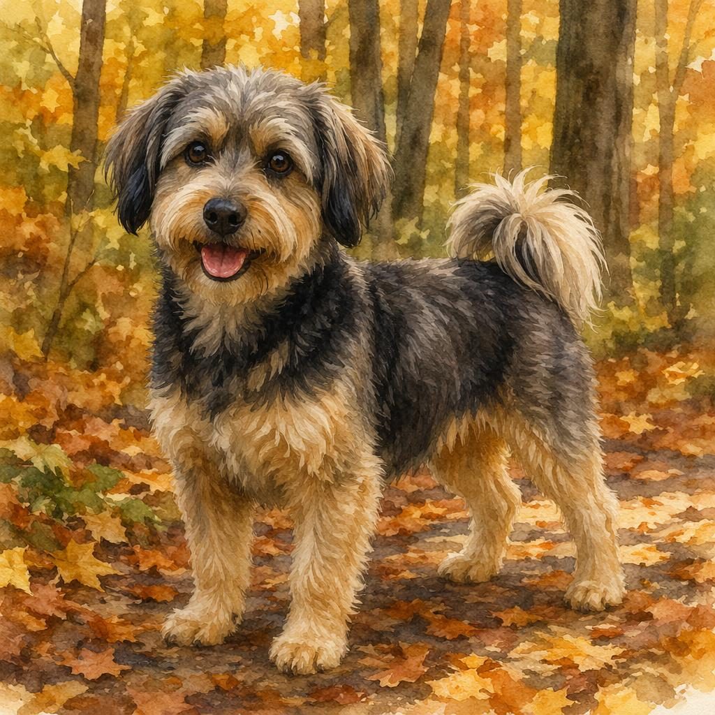 Ein einzelner senior Hund als Jack Russell Shiba Inu Mix im Aquarellstil, entspannt im herbstlichen Wald bei weichem Licht.