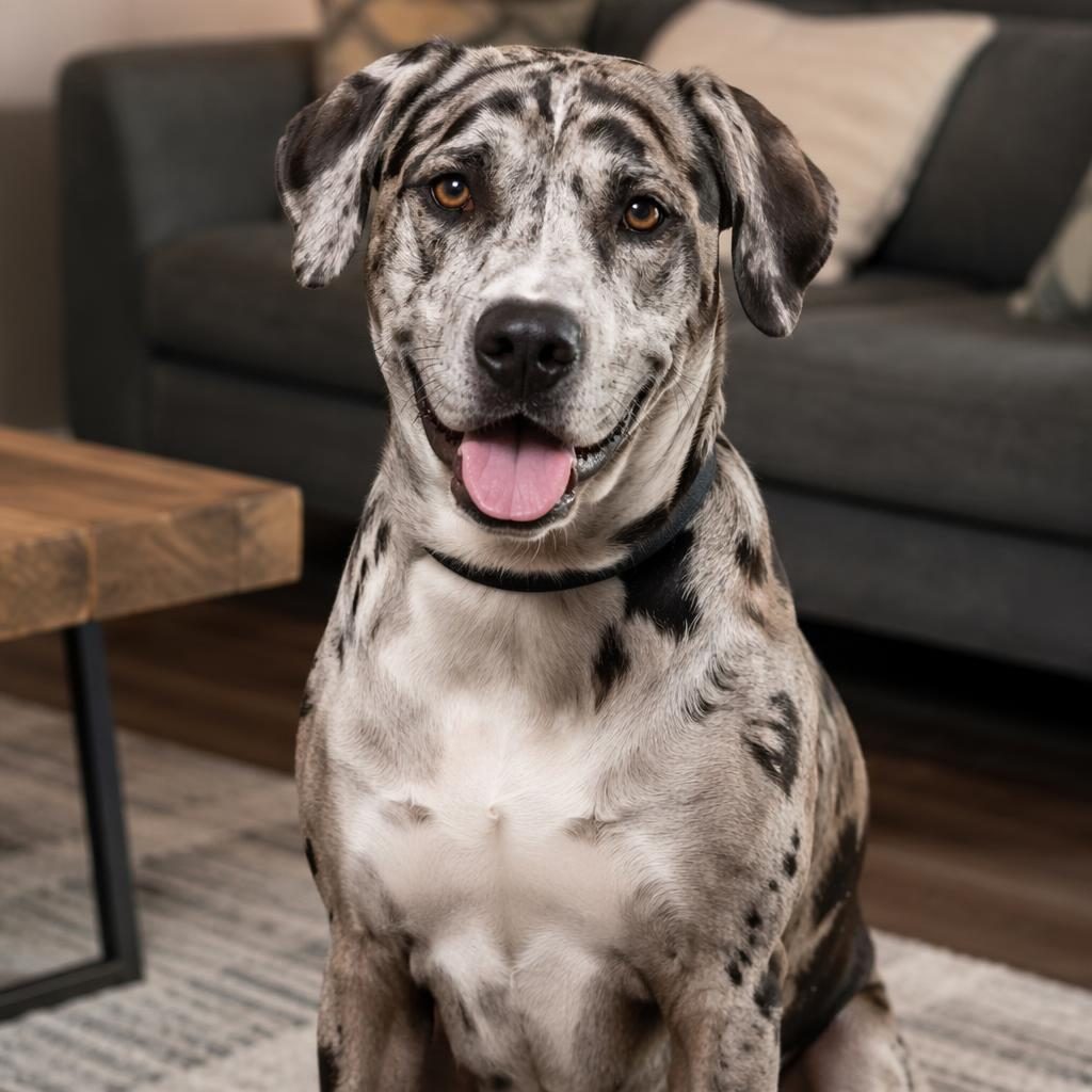 Single young adult mixed-breed dog in a cosy living room, relaxed expression, soft light, detailed fur, editorial portrait