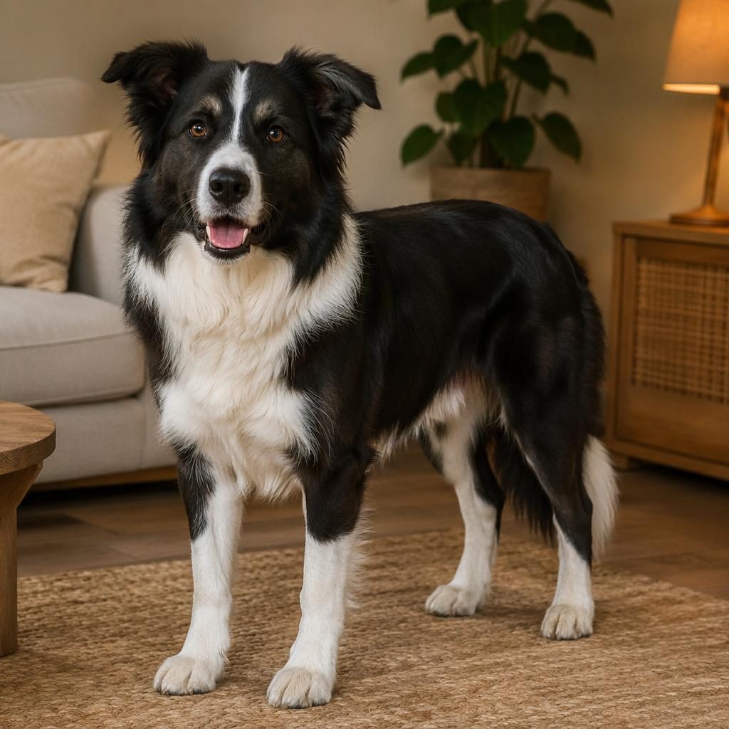 Illustration eines einzelnen Border Collie-Boxer-Mix Hundes in einem gemütlichen Wohnzimmer, entspannt und fotorealistisch