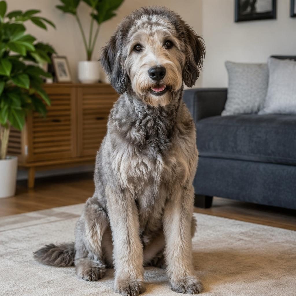 Photorealistic single young adult mixed-breed dog with husky and weimaraner traits, relaxing in a cozy living room.