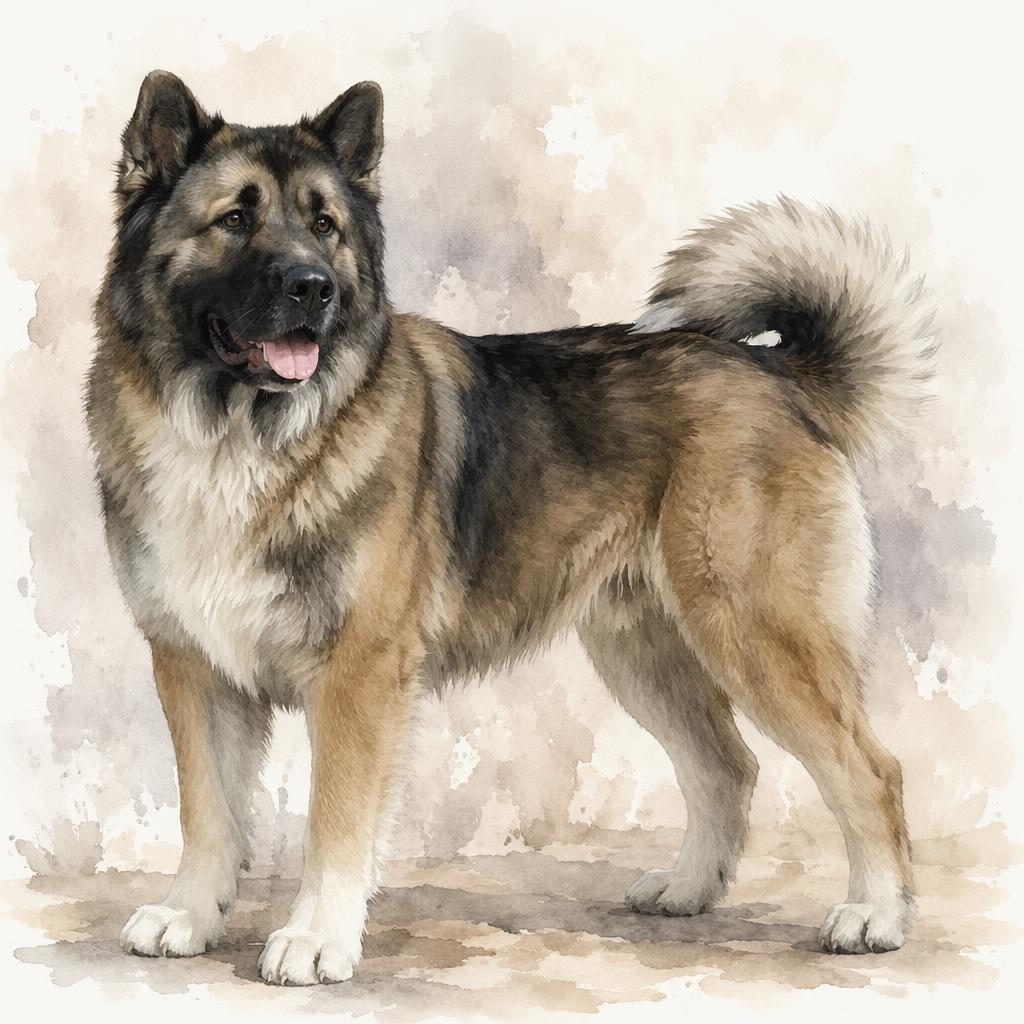 Einzelner entspannter Mischhund in Aquarelloptik auf neutralem Hintergrund, mit dichtem Fell und fotorealistischer Struktur