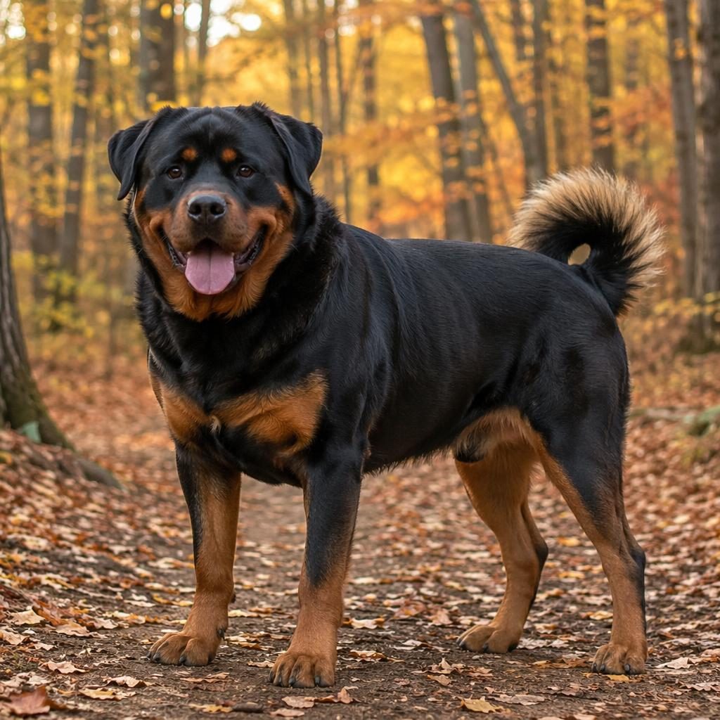 Perro senior mestizo tipo cruce de rottweiler, solo en bosque otoñal, expresión tranquila, pelaje realista y luz natural