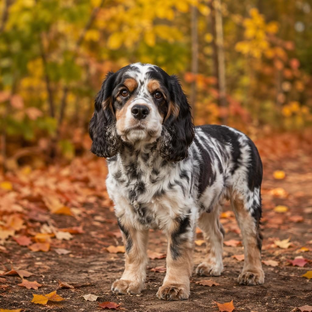Single senior mixed-breed dog with a natural blended coat, relaxed pose, and soft light in an autumn forest