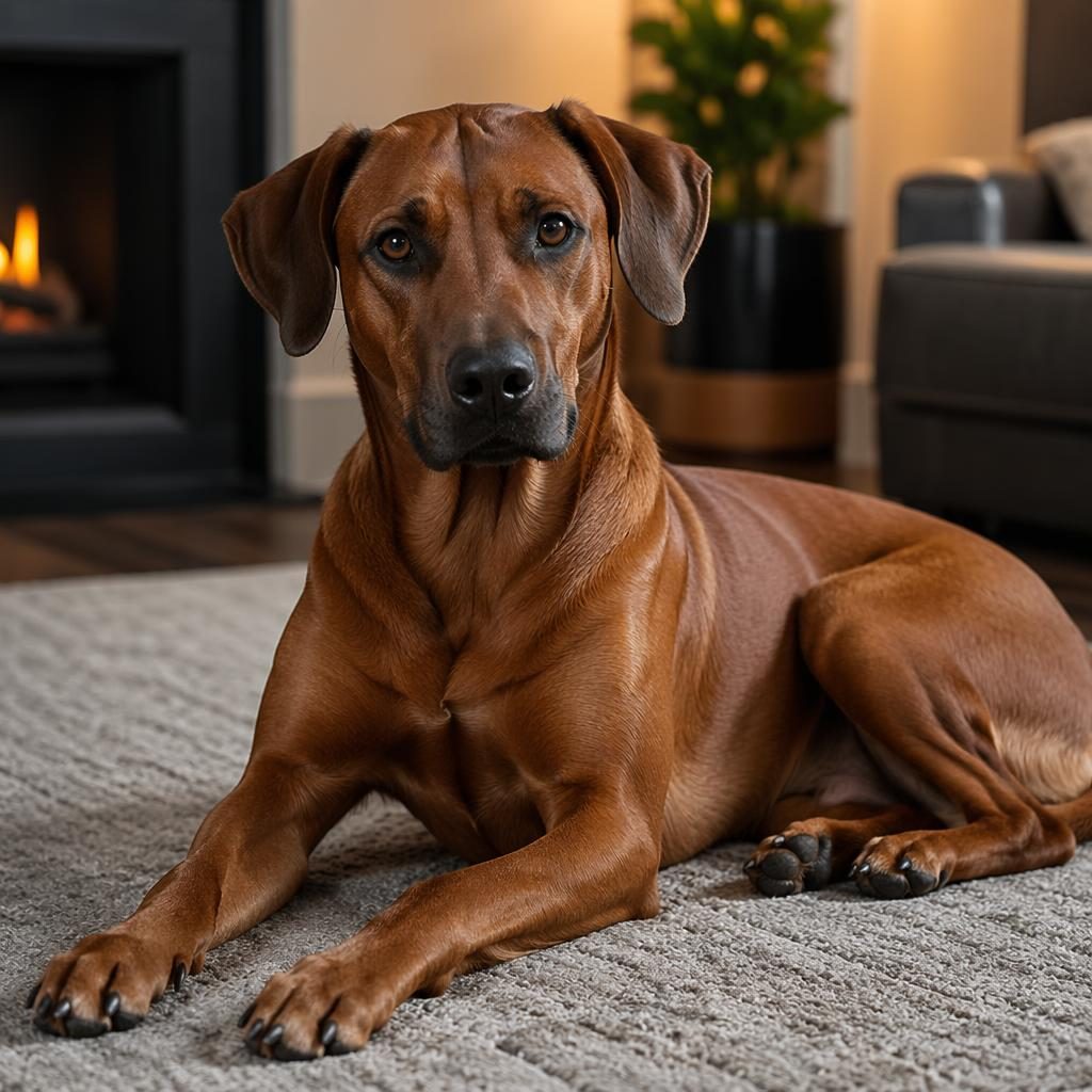 Ein einzelner junger Hund als Rhodesian Ridgeback Dobermann Mix in einem gemütlichen Wohnzimmer, entspannt posierend.