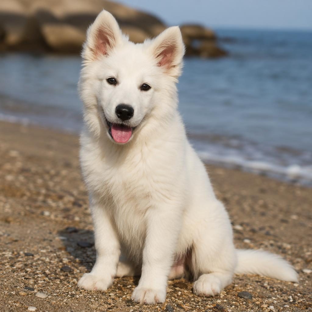 Photo-real puppy resembling a Samoyed Labrador mix standing on a beach in soft natural light, friendly and well groomed