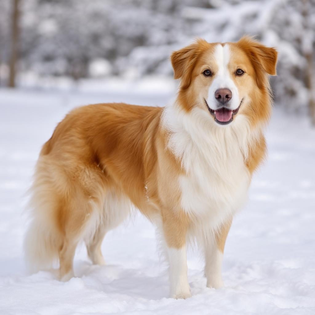 Single adult mixed-breed dog in snowy landscape, golden coat, relaxed expression, sharp fur detail, soft natural light