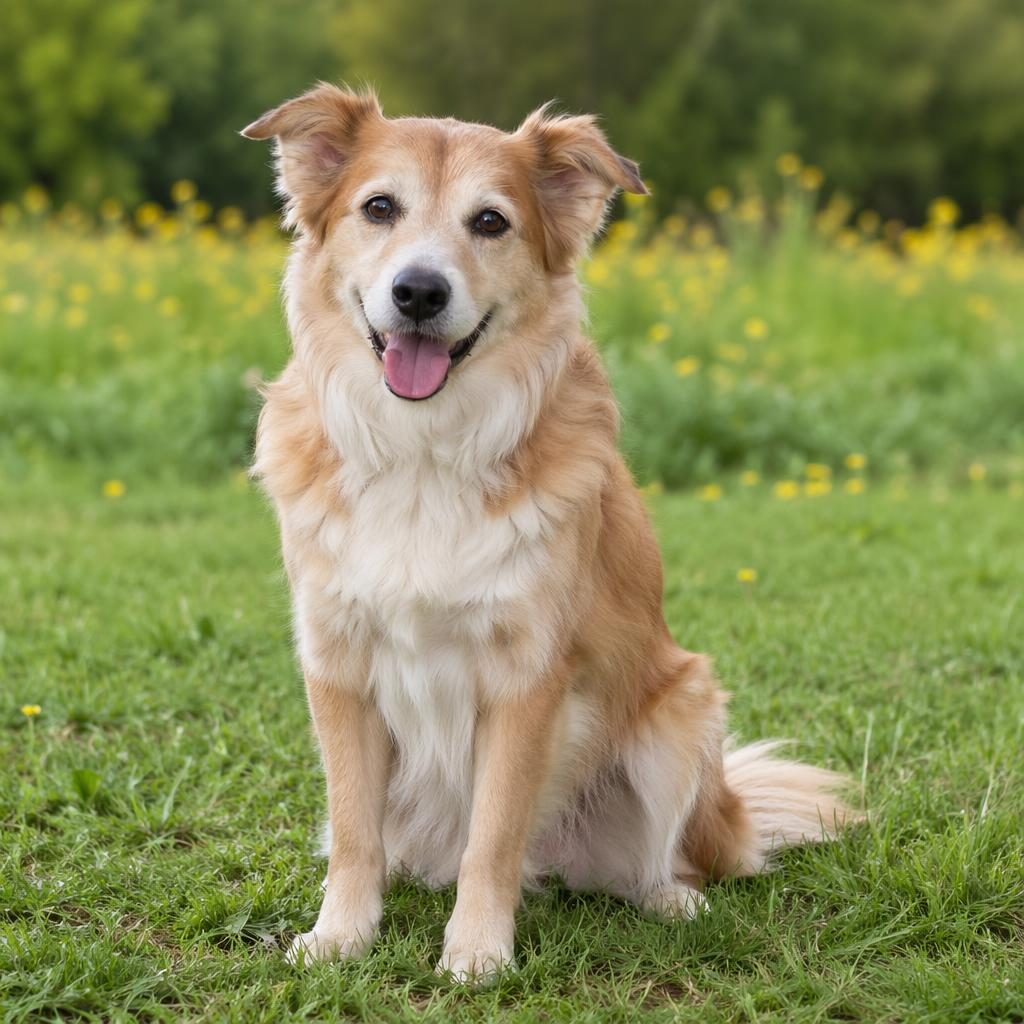Studio-style photo of a senior Boxer Chihuahua mix dog standing in a grass meadow with a friendly relaxed expression